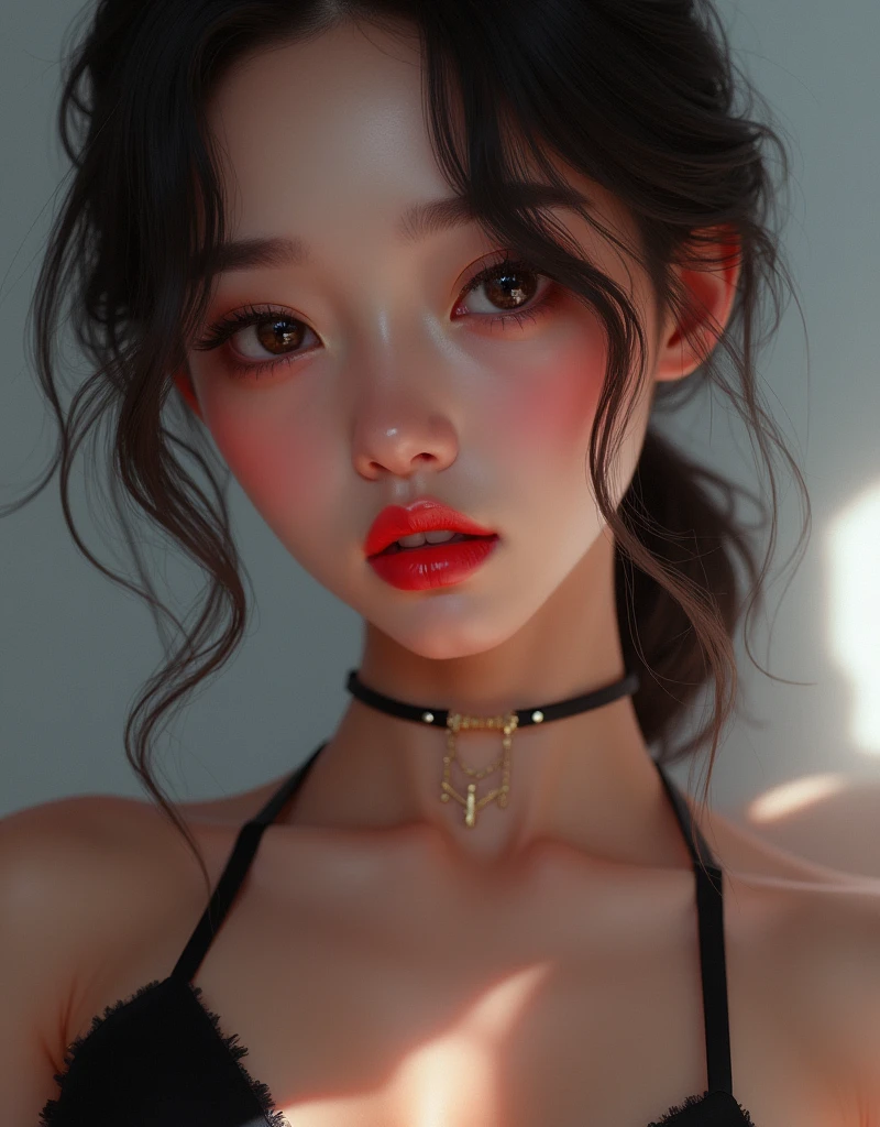 a close up of a person with a red lipstick and a black top, 🤤 girl portrait, glossy digital painting, kawaii realistic portrait, realistic artstyle, trending on artstration, wlop glossy skin, 8k high quality detailed art, beautiful digital illustration, realism artstyle, stunning digital illustration, digital anime illustration, rossdraws 1. 0, inspired by Yanjun Cheng