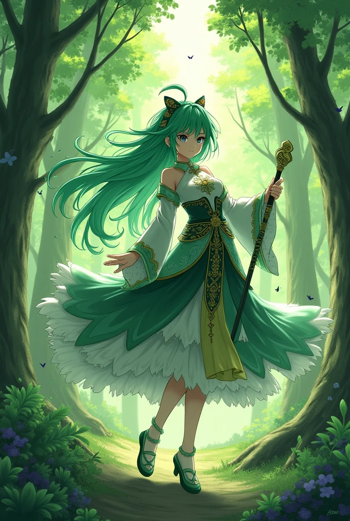 Make a character from the anime Kimetsu no Yaiba with green hair and who uses nature breathing