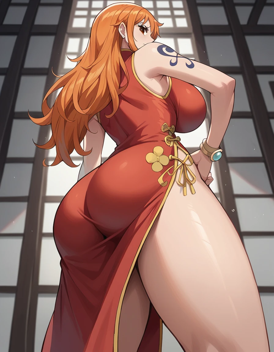 score_9, score_8_up, score_7_up, source_anime, best quality, Nami, orange hair, long hair, large breasts, perfect body, china dress, red clothes, indoor, standing, big ass, low angle, 