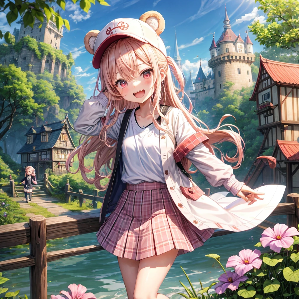 Pink Blonde、Red eyes、Wavy Hair、Hair tied up、Two cute、Checked mini skirt、black t-shirts、cardigan、Knee-high socks、bear ears baseball cap、Teeth are visible、Monster Castle、Tilting face、crossing the bridge、hazakura、windmill、grass、Stones are growing out of the ground.、Holding hands with a teddy bear、Morning glory is blooming.、In front of the city gates、clock、Underground tunnels、Waterway、Small boat