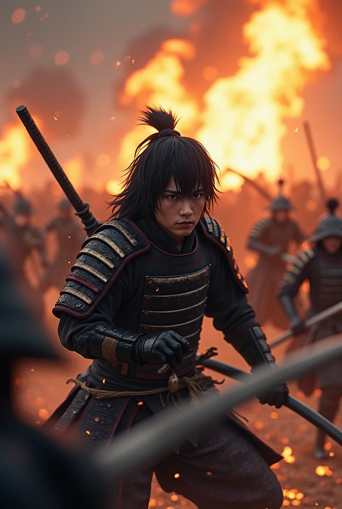 Japan Samurai、male warriors of the Sengoku period、Wearing a helmet、Scene of fierce fighting、There are many people fighting around、Flames are rising all around、Sense of presence。Real、Genuine、25age、Black Hair