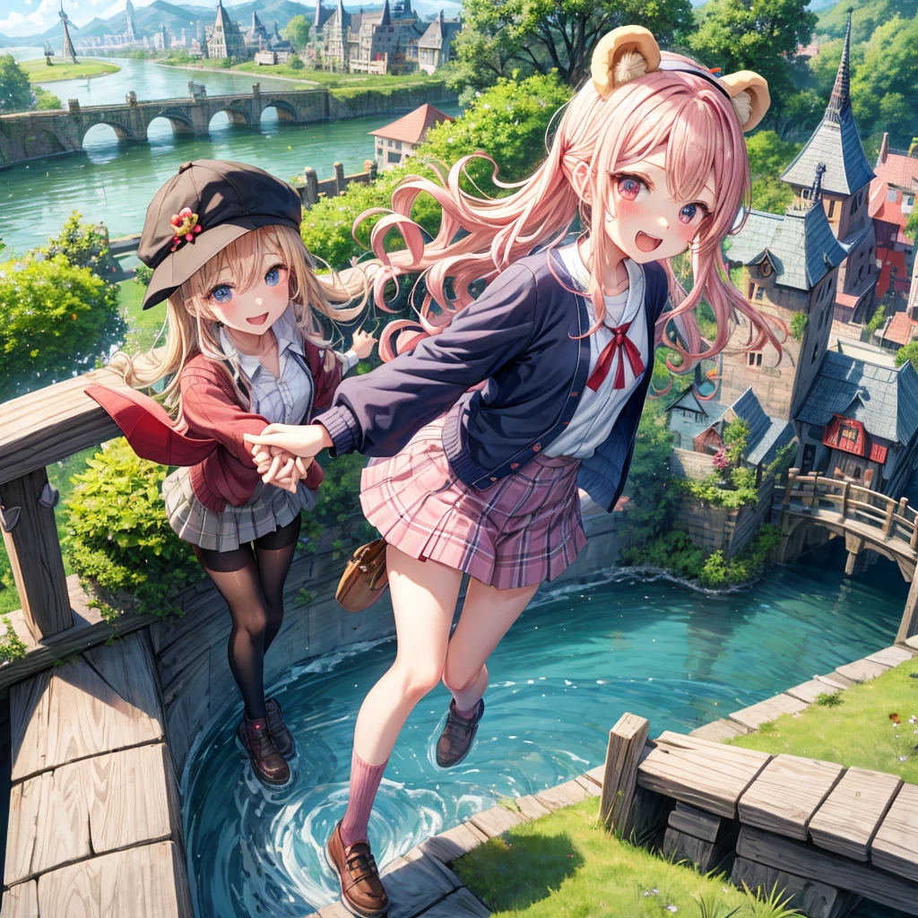 Pink Blonde、Red eyes、Wavy Hair、Hair tied up、Two cute、Checked mini skirt、black t-shirts、cardigan、Knee-high socks、bear ears baseball cap、Teeth are visible、Monster Castle、Tilting face、crossing the bridge、hazakura、windmill、grass、Stones are growing out of the ground.、Holding hands with a teddy bear、Morning glory is blooming.、In front of the city gates、clock、Underground tunnels、Waterway、Small boat
