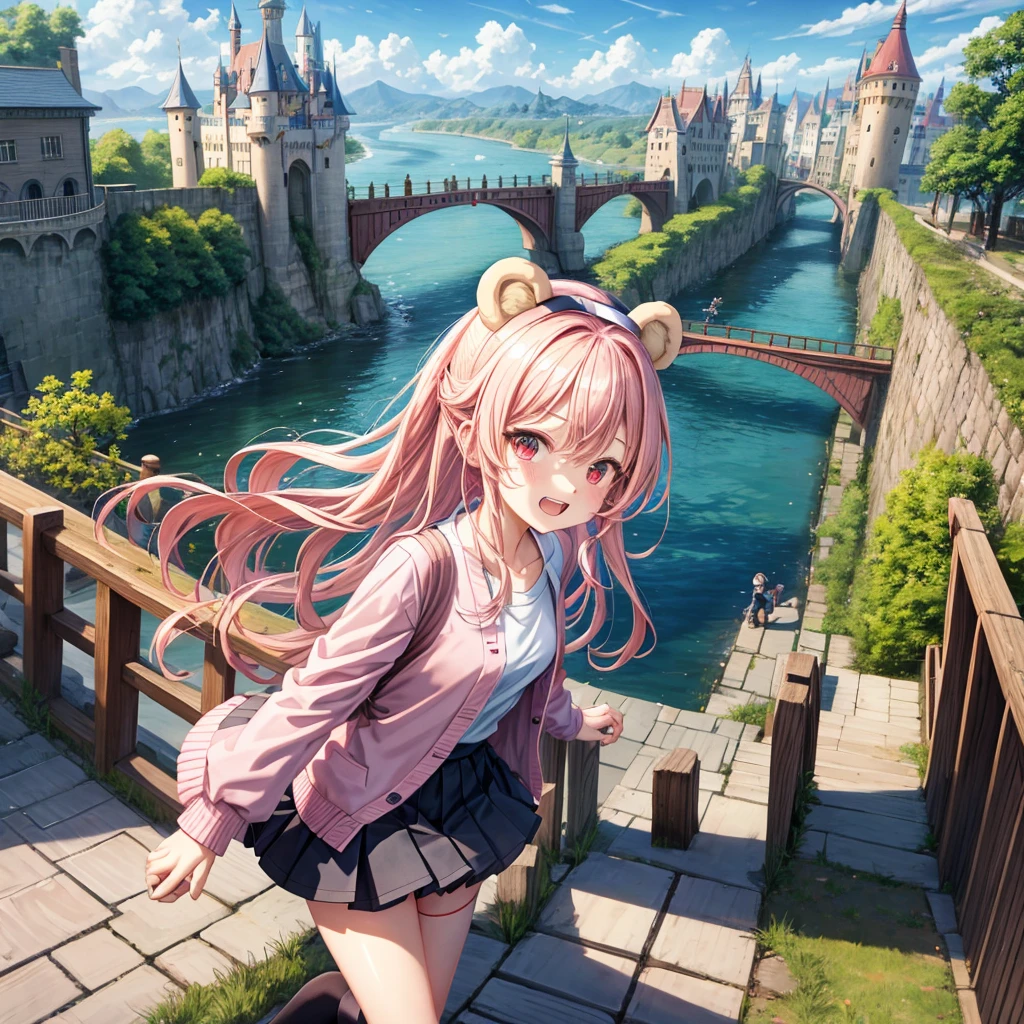 Pink Blonde、Red eyes、Wavy Hair、Hair tied up、Two cute、Checked mini skirt、black t-shirts、cardigan、Knee-high socks、bear ears baseball cap、Teeth are visible、Monster Castle、Tilting face、crossing the bridge、hazakura、windmill、grass、Stones are growing out of the ground.、Holding hands with a teddy bear、Morning glory is blooming.、In front of the city gates、clock、Underground tunnels、Waterway、Small boat