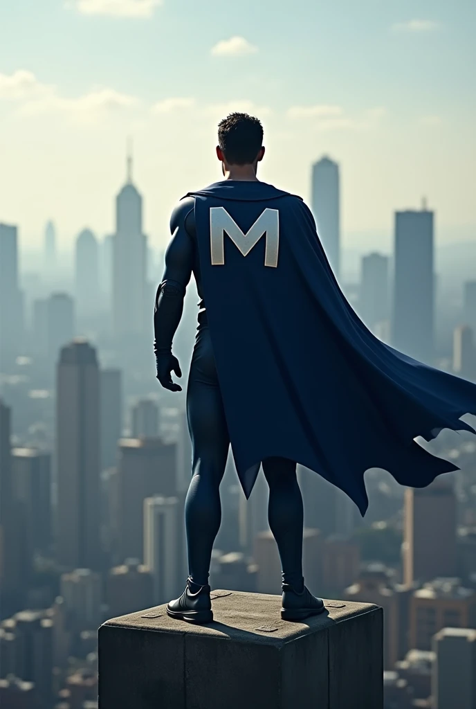 A man with his back turned ,wearing a navy blue and light gray superhero outfit with a cape with the letter M written in large letters and PABLO MARÇAL written underneath , with both hands on his waist, on top of a building, looking at the skyline of a metropolis in the city of São Paulo.