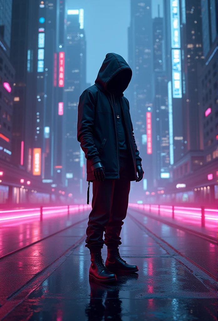 Hacker neon digital background in pink, blue, purple and black pose in city night