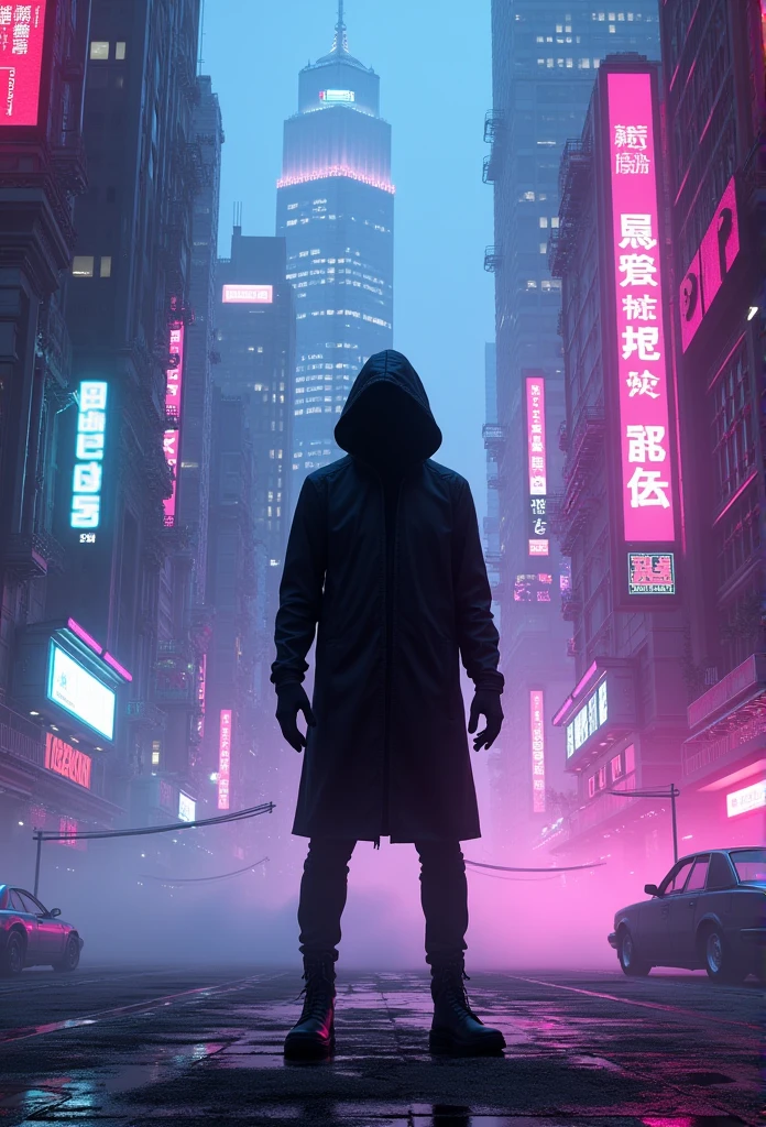 Hacker neon digital background in pink, blue, purple and black pose in city night