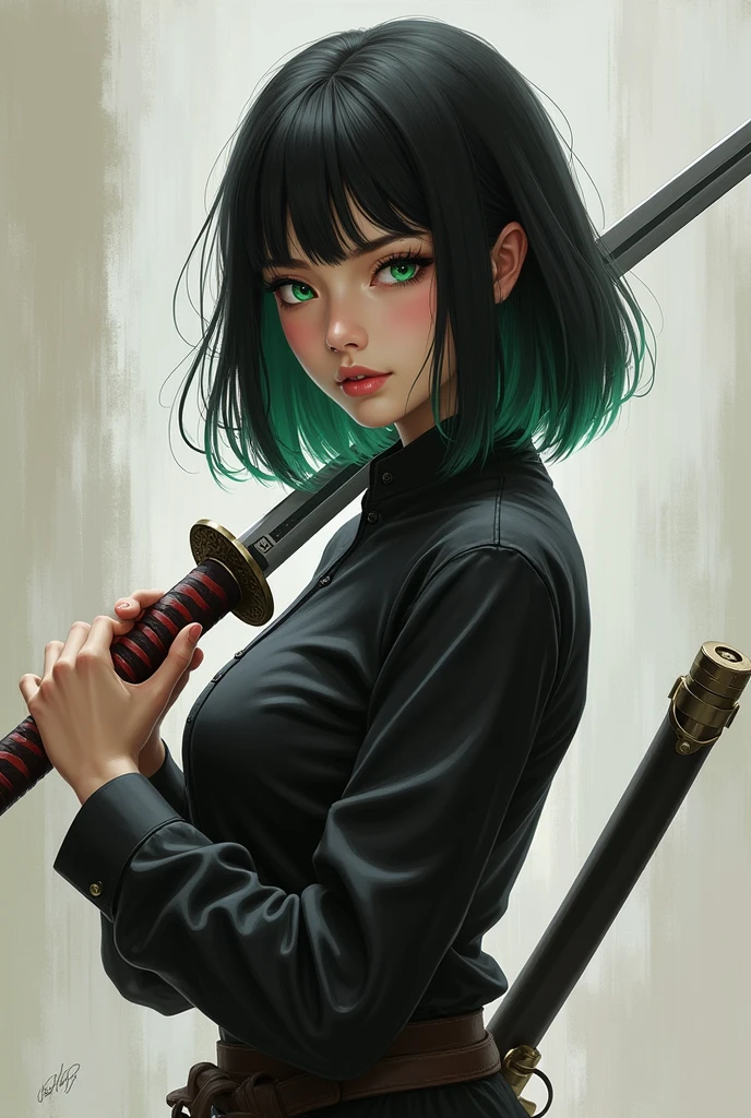 Fille réaliste avec une chemise noire, cheveux mi-long noir avec des pointes vertes, avec un katana à la main