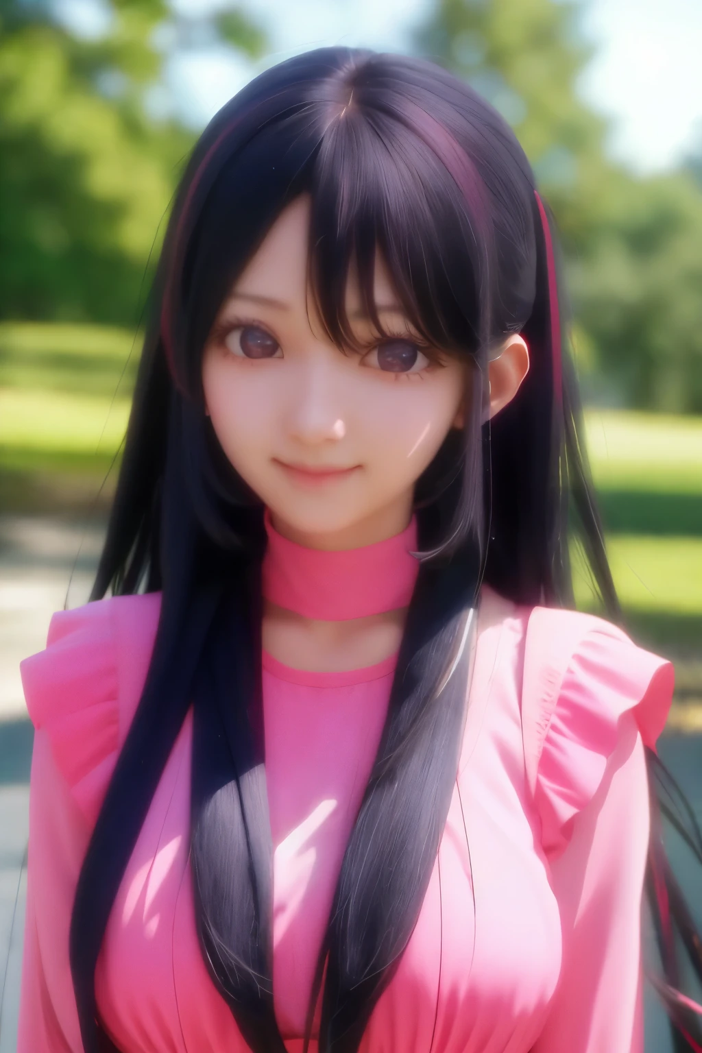 1girl,ai hoshino,pink idol clothes, outdoor, long hair, black hair, black eyes, very big breasts, slight smile,close up photo, ultra detail, ultra HD, masterpiece, stunning