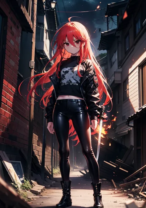 shana,灼眼のshana,long hair, redhead, red eyes, ahoge,small breasts,serious face,black rider jacket,black t-shirt,leather pants,boo...