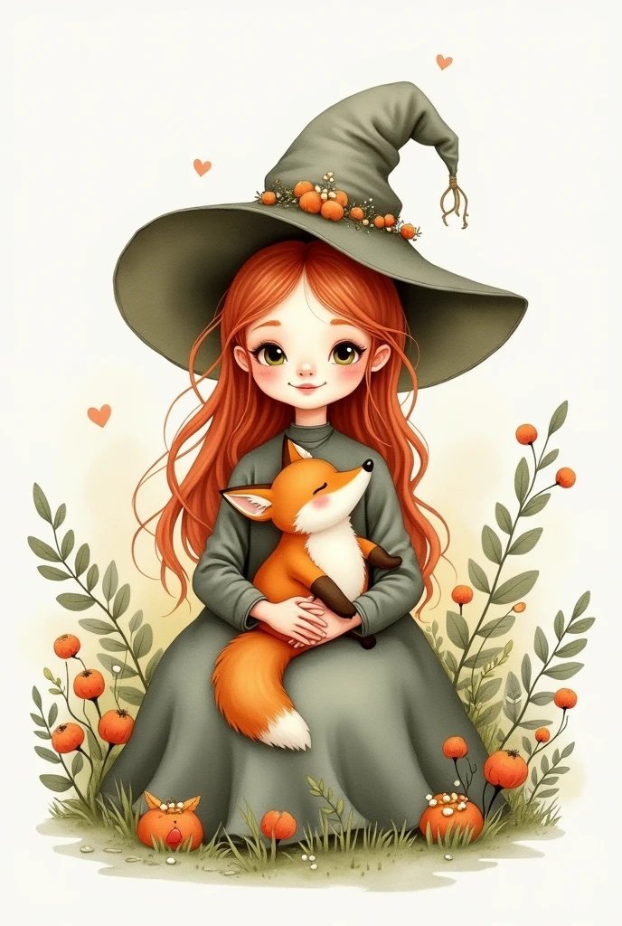 Crie um desenho em aquarela de uma bruxinha featuring uma raposa no colo no mesmo estilo da artista Aria Illustration https://www.instagramart.featuring/rit.air?igsh=MTZkNzd1OXBwNXZl