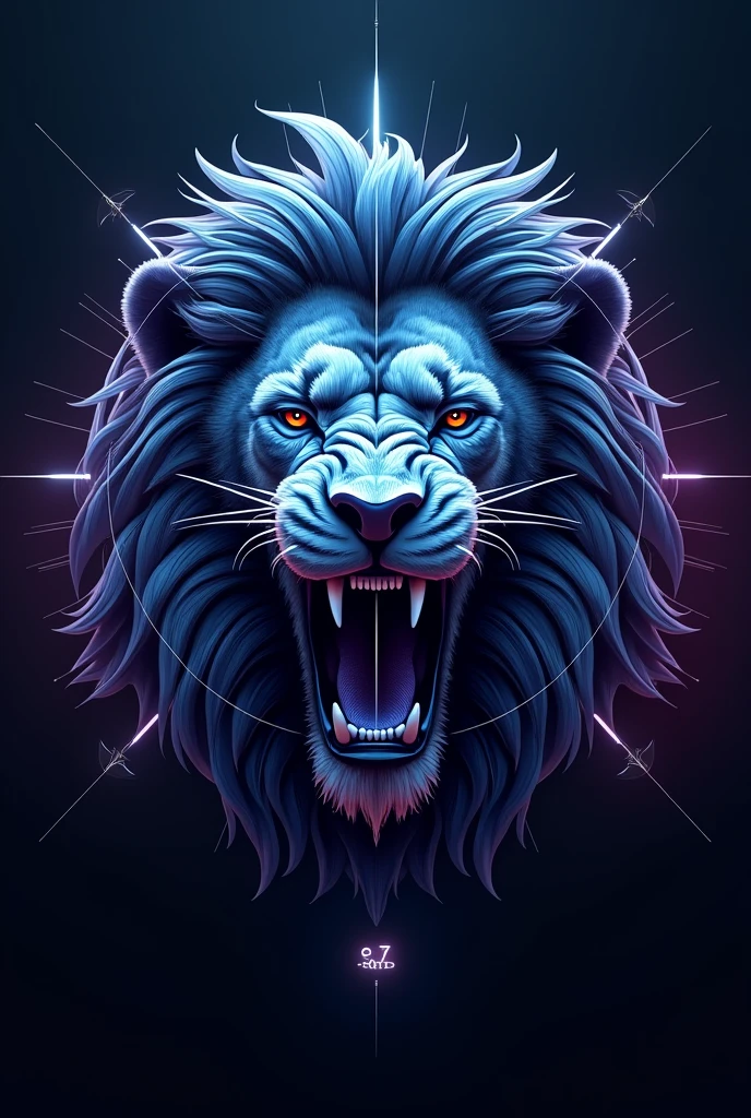 company logo front view, representing a compass with a very technological design. The word "eat" is engraved in its center, symbolizing artificial intelligence. The entire logo is placed inside the open mouth of a futuristic lion., embodying power, l'excellence, and authority. Design must inspire rigor and strength, while combining a refined and raw style with a minimalist touch. Use a variation of blue and purple throughout the logo to accentuate the futuristic, high-tech aesthetic. The logo must be perfectly symmetrical and balanced, reflecting an imposing and sophisticated presence