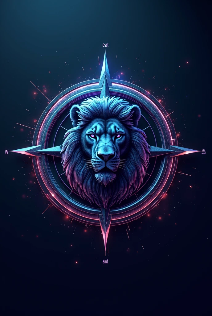 company logo front view, representing a compass with a very technological design. The word "eat" is engraved in its center, symbolizing artificial intelligence. The entire logo is placed inside the open mouth of a futuristic lion., embodying power, l'excellence, and authority. Design must inspire rigor and strength, while combining a refined and raw style with a minimalist touch. Use a variation of blue and purple throughout the logo to accentuate the futuristic, high-tech aesthetic. The logo must be perfectly symmetrical and balanced, reflecting an imposing and sophisticated presence