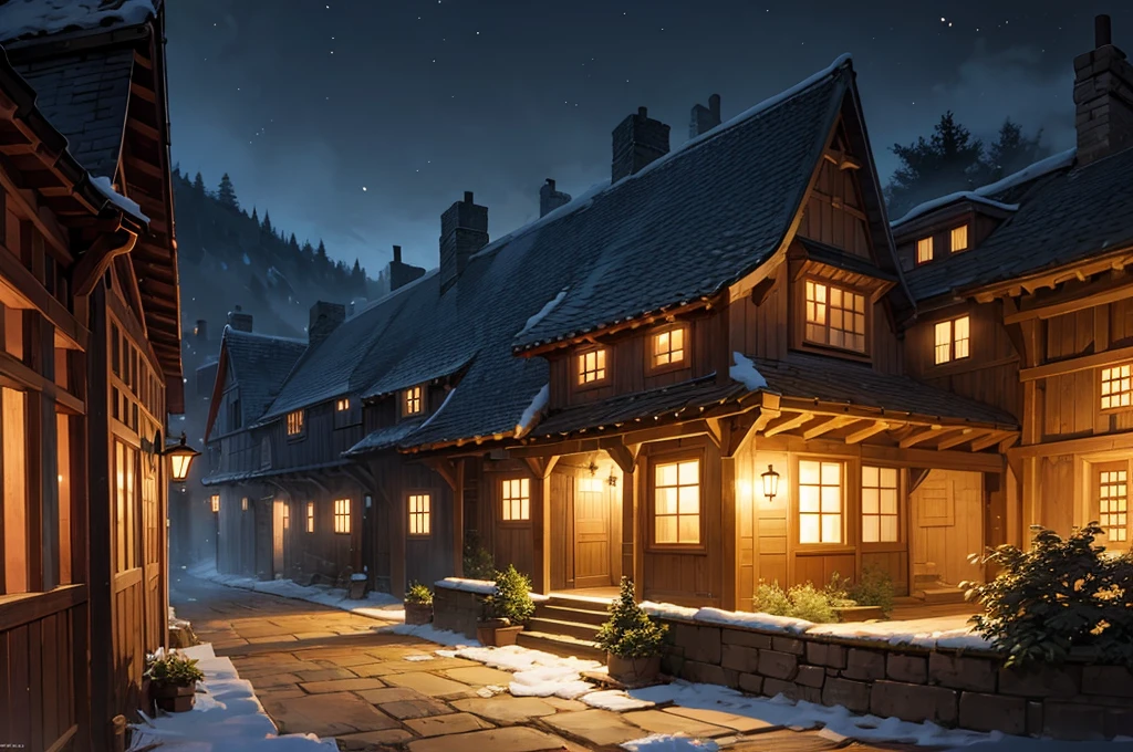 Medieval house alley at night with firewood and materials