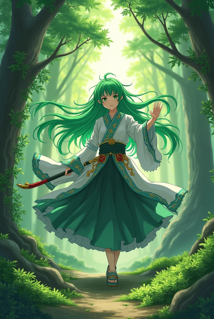 Make a character from the anime Kimetsu no Yaiba with green hair and who uses nature breathing