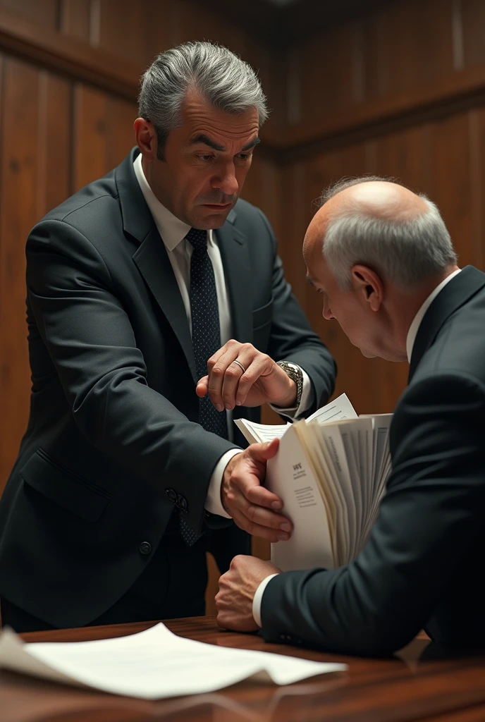 A male lawyer taking the sheets of paper from his fellow lawyer, damaging him and the image shows how the lawyer harms the other lawyer