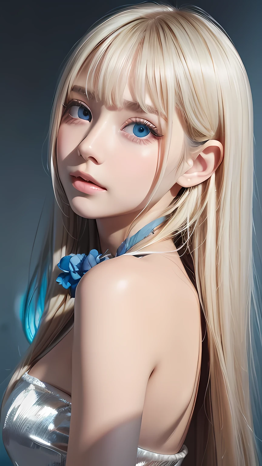 A perfectly beautiful face、Messy silky beautiful blonde hair、A beautiful 1 Scandinavian beauty、Very beautiful beautiful bright pale sky blue big eyes、Very long beautiful natural platinum blonde silky shiny hair、Long beautiful bangs、Very big eyes、Small Face Beauty、eyeliner、very white shiny skin、Gloss Face、Cheek gloss、Hair above the eyes、片Hair above the eyes、Hair between the eyes、