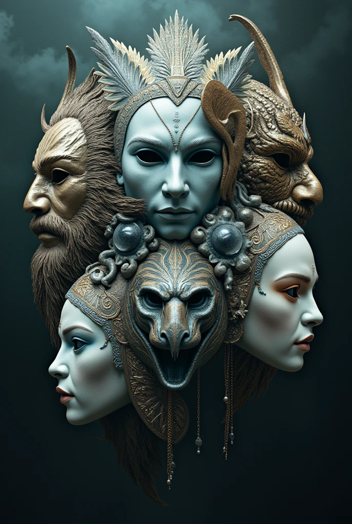 masks of emotional illness with faces of Zeus, TLALOC, jaguar warrior, eagle warrior, Athena, Ades, Ares