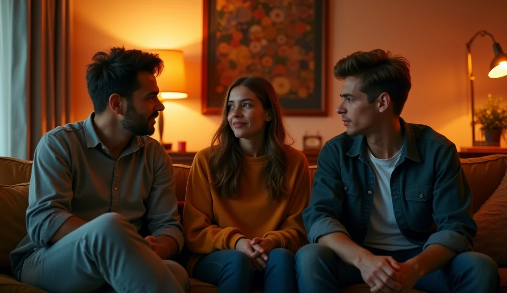 Prompt: A highly realistic, high-contrast, 8K HD, detailed, hyper-detailed image of three young men and women sitting on sofas in an American-style room, illuminated by warm, orange lighting. The room is cozy with modern furniture, and the atmosphere is relaxed as they engage in conversation. The faces of the individuals are clearly visible, with distinct, serious or neutral expressions, and hairstyles that can be easily recognized and replicated. The scene captures the casual and friendly vibe of the group in a comfortable, inviting setting, without any smiling expressions.
