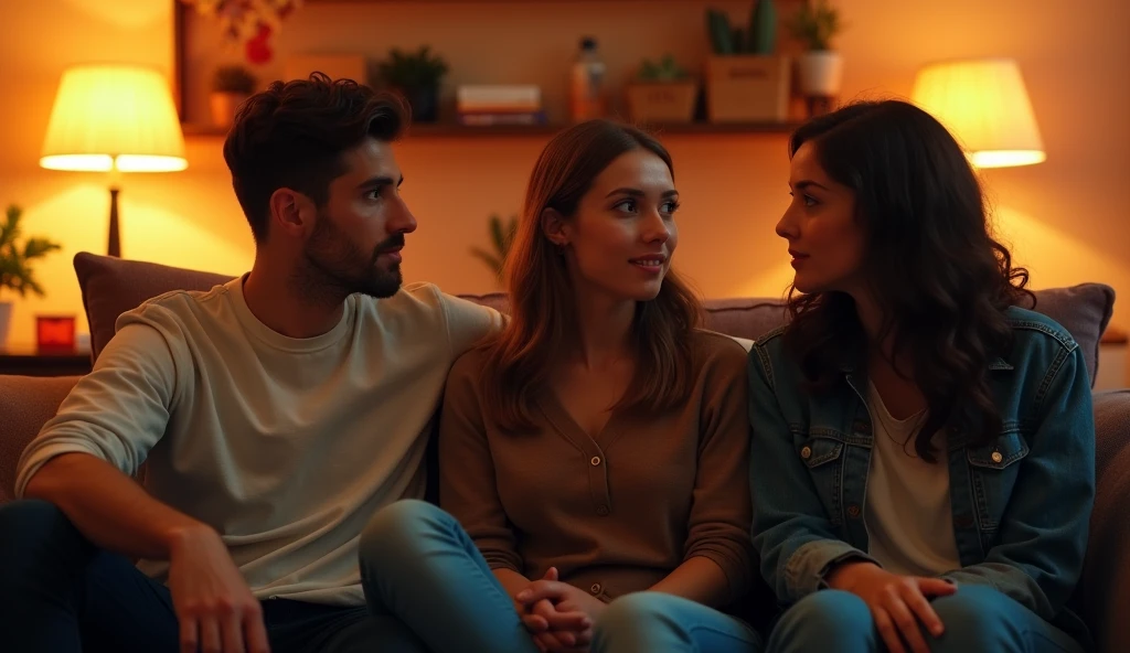 Prompt: A highly realistic, high-contrast, 8K HD, detailed, hyper-detailed image of three young men and women sitting on sofas in an American-style room, illuminated by warm, orange lighting. The room is cozy with modern furniture, and the atmosphere is relaxed as they engage in conversation. The faces of the individuals are clearly visible, with distinct, serious or neutral expressions, and hairstyles that can be easily recognized and replicated. The scene captures the casual and friendly vibe of the group in a comfortable, inviting setting, without any smiling expressions.