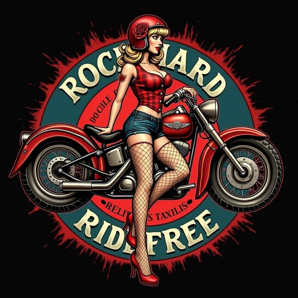 Pin-up girl in a motorcycle helmet on an old school motorcycle, in red shoes, in fishnet stockings, in a red, sleeveless, checked shirt with an open bust, in denim short shorts, red rose in hair. In the style of old school tattoo. Eldstudio89 in the circle of words: ROCK HARD RIDE FREE 