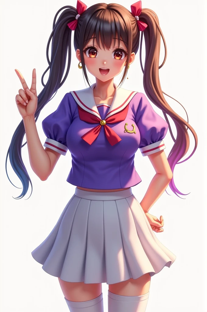 absurdres, highres, ultra detailed, smile,open mouth,standing, looking at viewer,tracen school uniform, summer uniform, serafuku, puffy short sleeves, bowtie, horseshoe ornament, sailor collar, sailor shirt, frills, white skirt, purple shirt, miniskirt, zettai ryouiki, white thighhighs, brown footwear, shoes,viblos \(umamusume\),twintails, brown hair, long hair, hat,large breasts, purple eyes, multicolored hair, ear ornament, hair ribbon, She wear bikini have big ass and big boobs