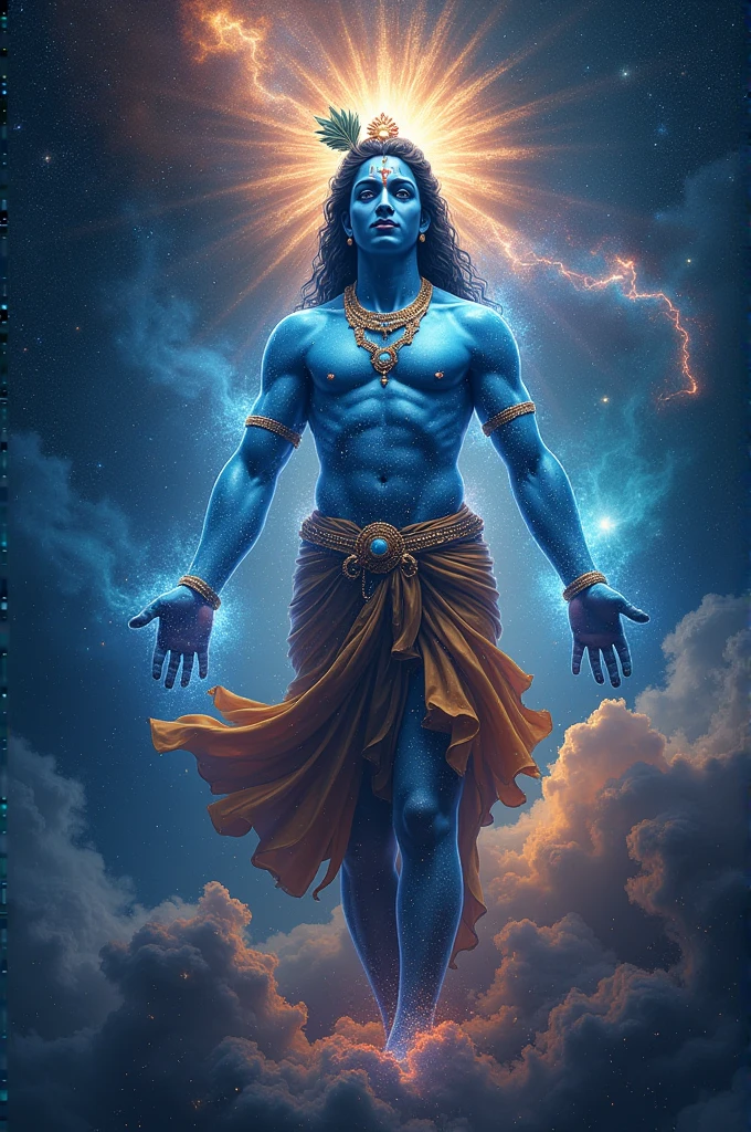 Lord krishna shown as the universe with starts and galaxies light