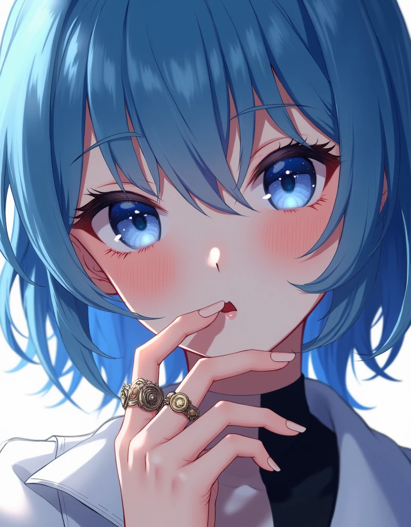 a close up of a person with blue hair and a ring on their finger, anime style 4 k, stunning anime face portrait, anime style. 8k, digital anime illustration, 8k high quality detailed art, digital anime art, detailed digital anime art, artwork in the style of guweiz, beautiful anime portrait, digital art ilya kuvshinov