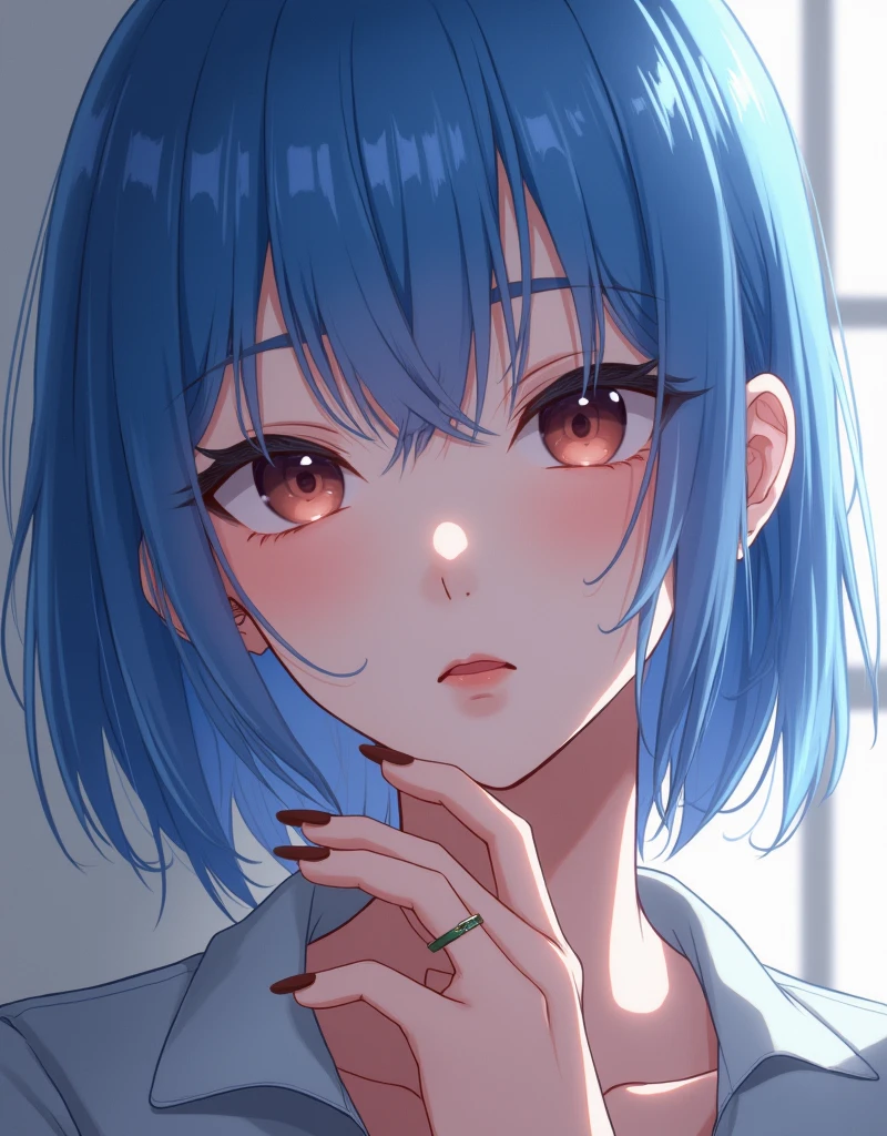 a close up of a person with blue hair and a ring on their finger, anime style 4 k, stunning anime face portrait, anime style. 8k, digital anime illustration, 8k high quality detailed art, digital anime art, detailed digital anime art, artwork in the style of guweiz, beautiful anime portrait, digital art ilya kuvshinov