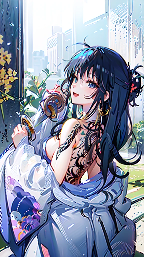 （super wide shot），（Best Masterpiece），8K，An old Japanese town nestled in the hills of the mountains，Densely wooded，The leaves are verdant，The stream is babbling。The visuals are beautiful and beautiful，full of sunlight。（white backgrounid：1.5），white backgrounid，Outer border, Goddess Japan Beautiful, Holding a violin and a bowed stringed instrument，Realistic1.4, huge tit，Young and beautiful