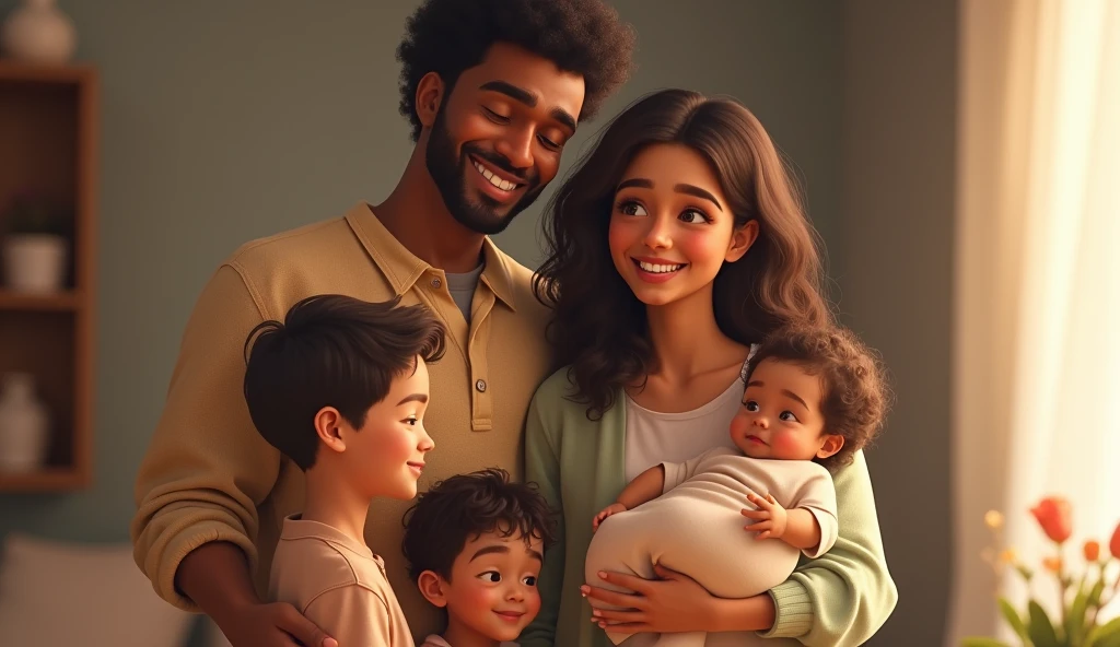 Create an image of a brown woman and a brown man with two boys, one bigger than the other, and a  girl 