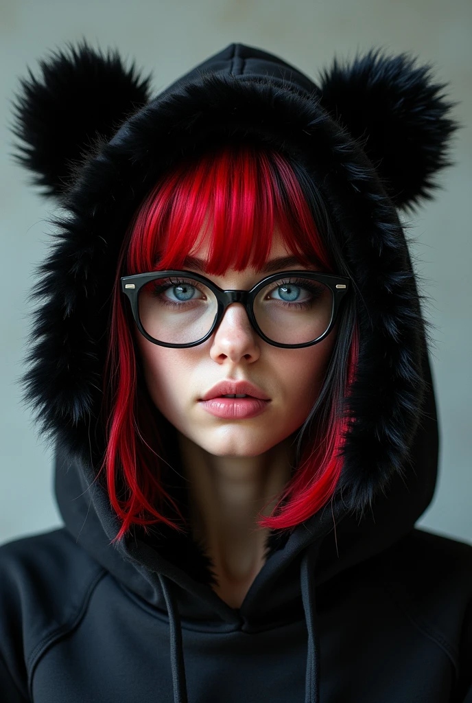 a 20 year old Rusian girl that has black air And one lock of red on the front of her hair, she wears a black sweatshirt with a black furr hood with bear hears and also has blue dark eyes and uses black glasses