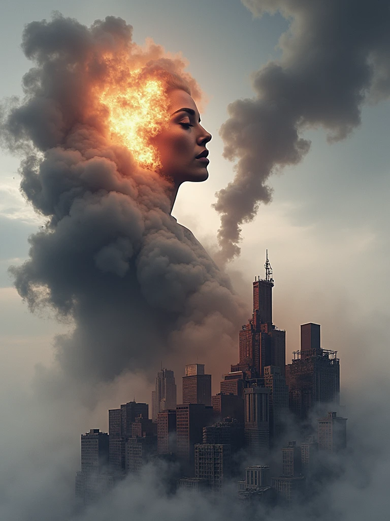 ((Purple mist and smoke shroud:1.7)), (Mysterious Fog:1.5), A visualization of an intense storm: the stormcloud takes the shape of a woman's face, obscured by the shadows and nuances of the turbulent cloud formations. From her mouth, strong winds are emitted, metaphorically speaking. These potent gusts are causing significant damage to a cityscape, reducing buildings to dust. Debris is scattered by the storm, painting a picture of the raw power of nature. However, the scene is devoid of people ensuring everyone's safety is prioritized in this imaginative depiction.