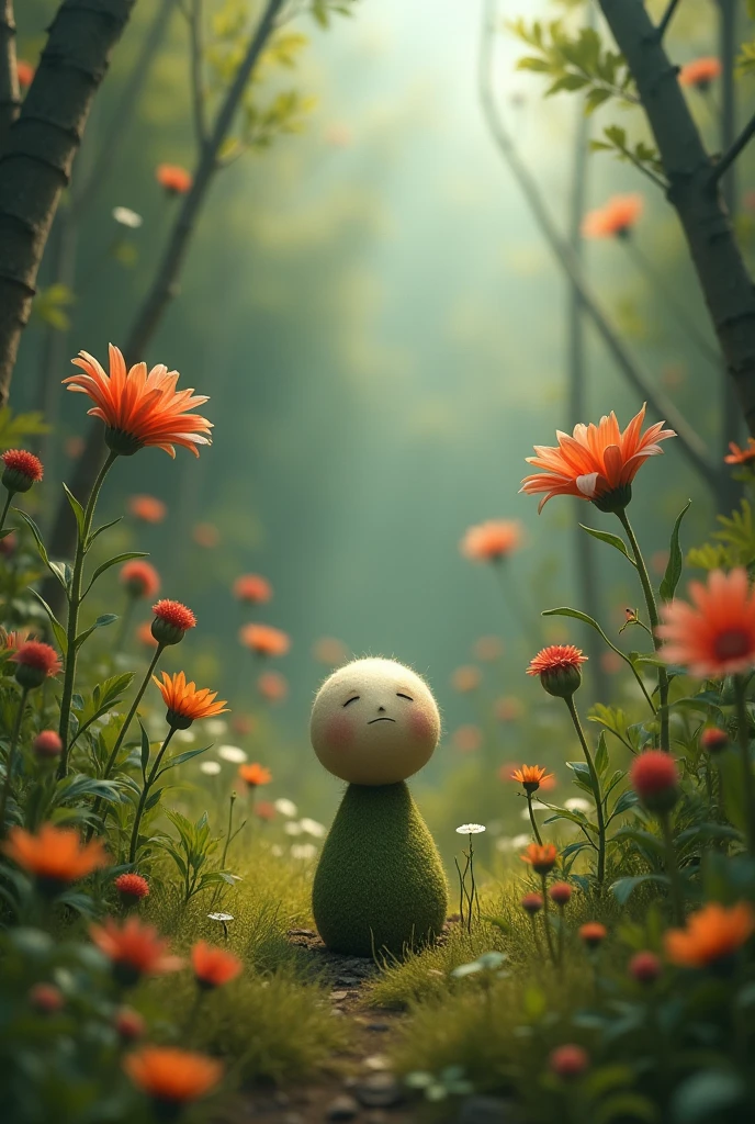 a sad and SMALL seed surrounded with big flowers and BIG plants and BIG trees in a meadow.