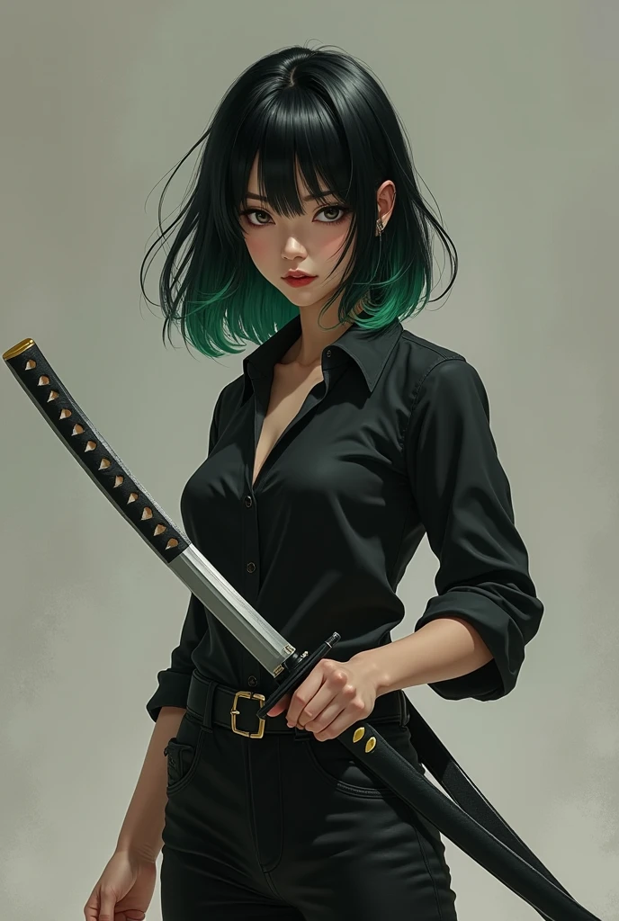 Fille réaliste avec une chemise noire, cheveux mi-long noir avec des pointes vertes, avec un katana à la main