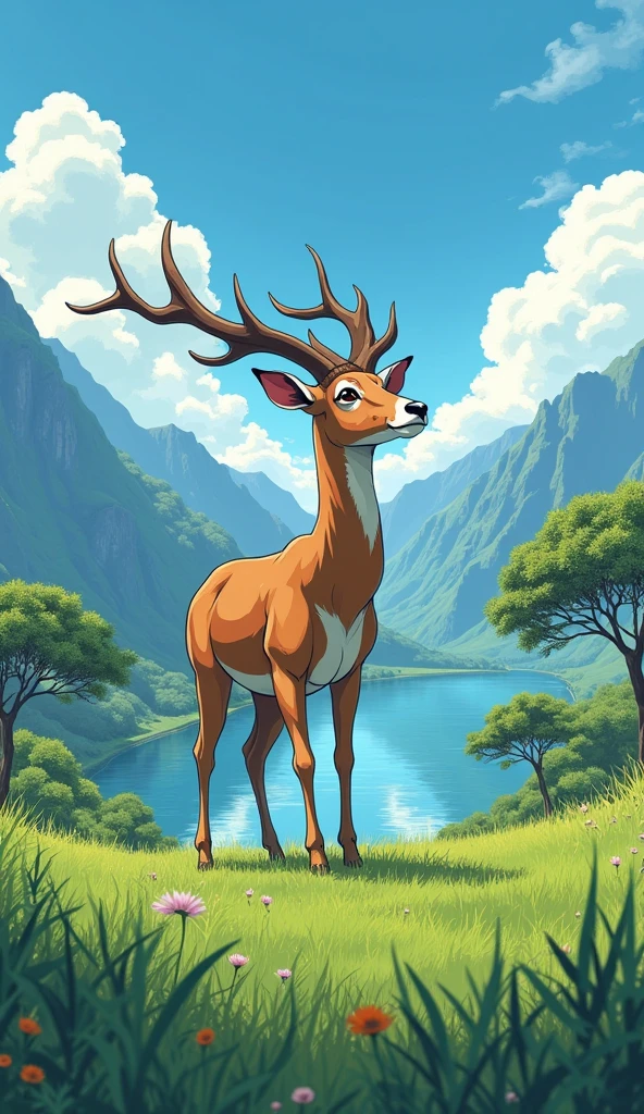 A realist anime antelope standing the green grasses with mountain background and looking at the sky, with acacia trees and a clear blue sky in the background and with water lake near . Hawaii illustration , reteo comic illustration