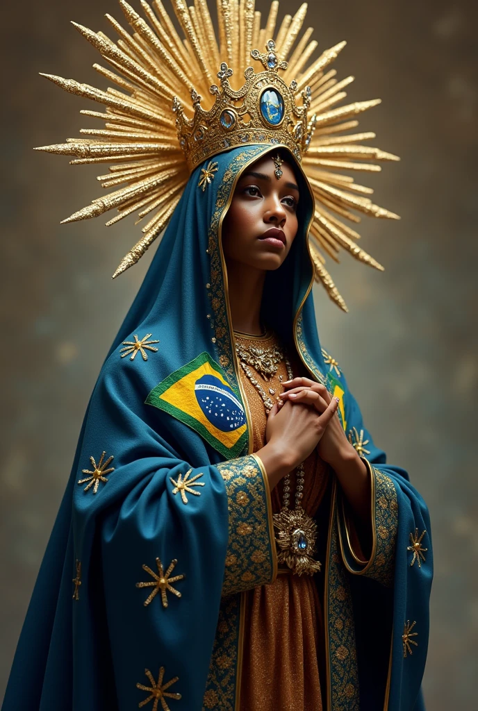 Our Lady Aparecida, black saint retinta, dressed in a dark blue cloak with embroidered Brazilian flag, with glitter and rhinestones, with a large golden crown.