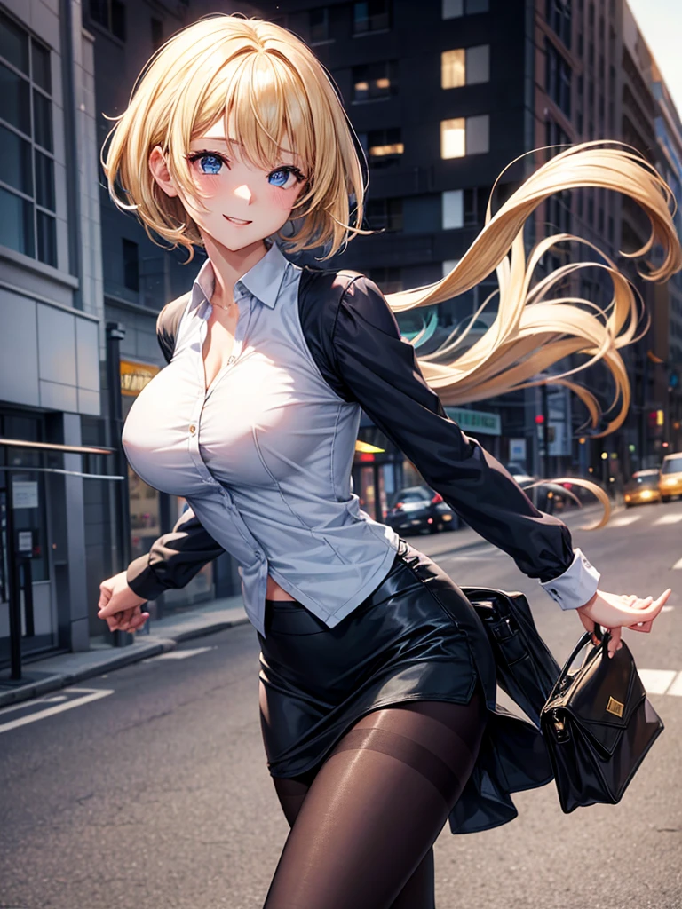 Anime style, super fine illustration, highly detailed, beautiful detailed, perfect detailed, super high quality image, static representation, gentle expression, happy expression, the pretty image, 8k, pretty 1girl with blonde straight short hair & blue eyes & a bright smile & full bust & soft fair skin is a female secretary not to show her skin wearing the business shirt & vest & black tight skirt & black pantyhose on the urban business buildings street, in the morning, happy stories, solo, perfect fingers, no more fingers, no less fingers, perfect arms, no more arms, perfect legs, no more legs, masterpiece.