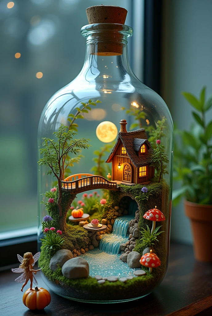 A whimsical, magical fairy's abode nestled inside a clear, oversized glass bottle, which serves as a charming terrarium. The bottle is lush with a variety of vibrant, miniature plants that spiral upwards, creating a lush canopy for the tiny, wooden house at its base. The house, no larger than a thimble, boasts intricate carvings of leaves and flowers, with a mushroom-shaped roof and a door that appears to be made of a delicate, glowing moth's wing. A gossamer bridge made of spider silk arcs over a crystal-clear stream that flows gently through the heart of the bottle, reflecting the soft light of a fairy-sized moon that hangs in the background. The stream is lined with smooth, colorful pebbles and sparkling sand, leading to a small waterfall that cascades into a pool of glittering water at the base of the bottle. The interior is adorned with twinkling lights, suggesting the presence of fairies, while the bottle itself is situated on a velvet-covered windowsill that opens to a serene nighttime scene, with a few stars twinkling outside. The fairy, almost imperceptible in size, can be seen through the glass, gracefully fluttering her wings beside a miniature table set with a feast of dainty treats and a teacup filled with dew. The scene is alive with enchantment, inviting the viewer to peer closer and imagine the unseen wonders of the fairy's world within.