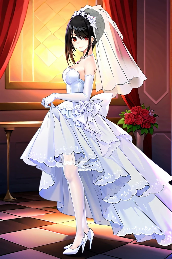 tokisaki kurumi,((masterpiece)),(((best quality))),((ultra-detailed)),((illustration)),((disheveled hair)),((frills)),(1 girl),(solo),1girl, bare shoulders, black hair, bow, bridal veil, bride, checkered, checkered floor, clothes pull, clothing, cross, dress, dress lift, dress pull, earrings, elbow gloves, female, female only, full body, garter straps, glass slipper, gloves, hair bun, hair over one eye, hand on window, headdress, head turned, high heels, jewelry, lace, lace trim, lace-trimmed legwear, lace-trimmed thighhighs, legs, lingerie, long legs, looking at viewer, necklace, open dress, open wedding dress, parted lips, red eyes, shoes, short hair, short hair with long locks, side view, smile, strapless dress, sunbeam, sunburst, sunlight, thighhighs, tied hair, veil, wedding dress, white bow, white legwear, white thighhighs, window, full body, Rating:safe, profile, from side, Show your thighs,