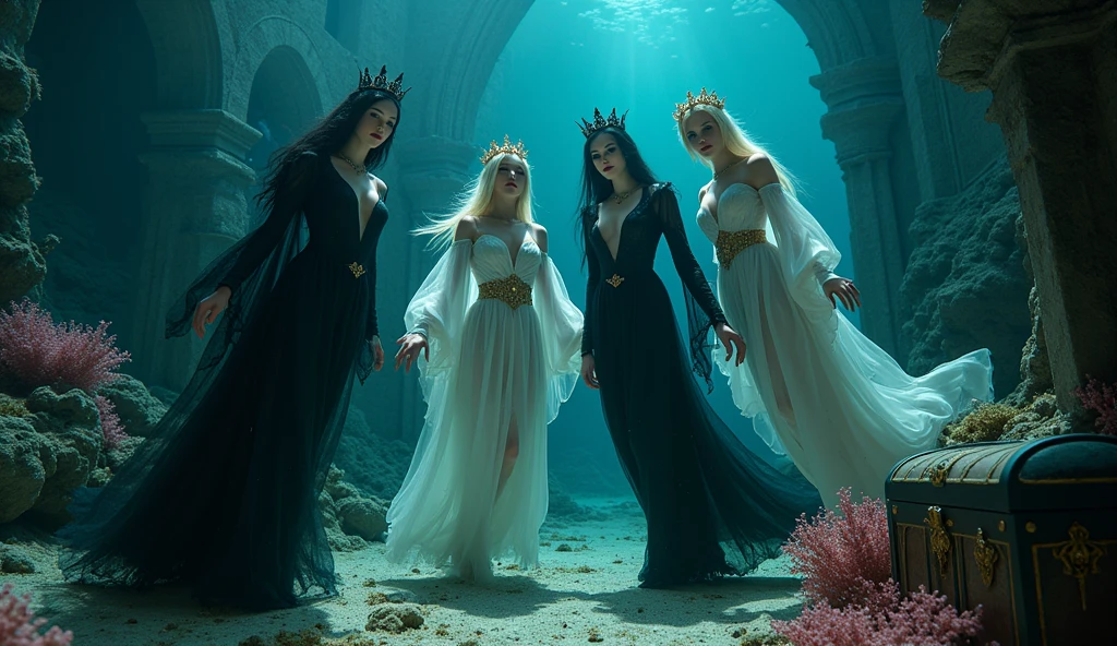 A full-body shot,(extra wide angle 16:9 a big ballroom) portrait. 2, super realistic 18 y.o. gorgeous European vampire twin queens, Hyper-realistic blue sharp eyes, black long hair with black crowns, wearing necklaces and earrings 1:1 and 3 gorgeous queens girlfriends with light blonde long hair, wearing on head gold crowns with pink crystals. In a dark deep sea (big medieval ballroom very old realistic 1:3 in an old gothic palace), under the sea. Floating. Night scene. Ripped many layered silk and lace medieval dresses floating. Frayed apart floating lace dresses. Gold garnish. The queens have a big light-colored very finely detailed eyes, black super-long hair. Their exquisite girlfriend queens with big bright blue finely detailed eyes 1:!. have an extra long flowing hair, gold crown. Pale pink and black beautiful lace dresses. Dresses in many layered lace and chiffon riven and flowing (Best perfect hands, five fingers on each hand.) Small breasts cleavage, (hyper realistic perfect eyes 1:3). Face with Pale perfect detailed skin. Hyper detailed skin on body. Queens surrounded by Perished under-water gothic palace 1:1 On the bottom of the sea are golden crowns 1:1, adorned with pink crystals 1:1. Bright colored blue, pink, orange, green fishes swimming around. Pink Corals. Sea moss. Octopus. Treasure chest with gold coins and jewelry in it. The scene a beautiful queens swimming ghostly, their super long 1:1 hair flowing all around. Sad. Scared. Crystal wine glasses—one tipped over and broken on the seafloor,. (Super detailed faces)1:1. Super detailed eyes)1:1. In a fantastic scene that uses 3D Surreal 3D model. Best eyes 1:1 The entire setup is masterpiece 1:3 framed with the grandeur of medieval gothic style. photographed in a Canon EOS R5, 50mm Lens, F/2.8, (8K)"