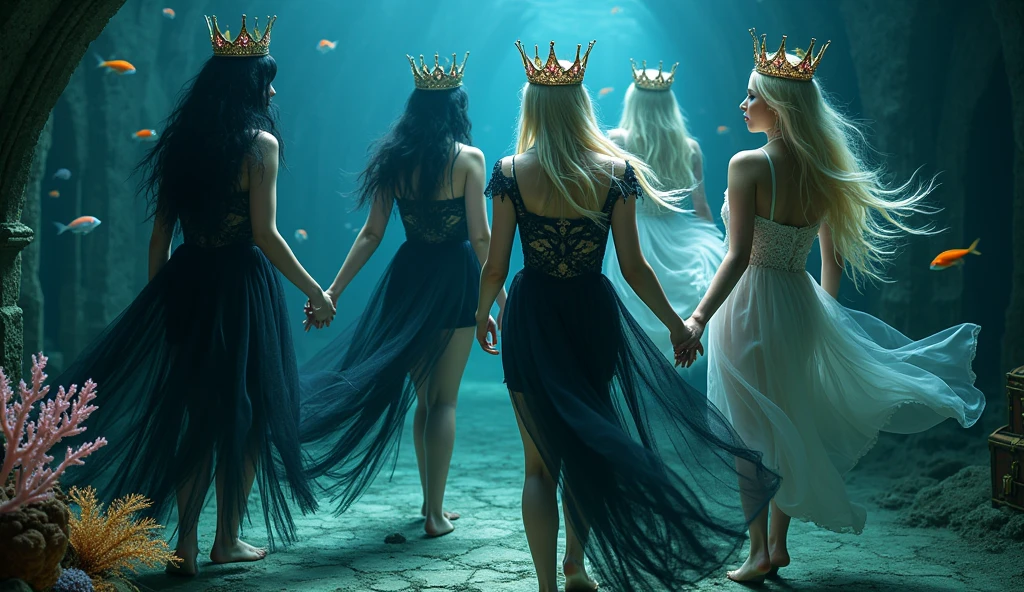 A full-body shot,(extra wide angle 16:9 a big ballroom) portrait. 2, super realistic 18 y.o. gorgeous European vampire twin queens, Hyper-realistic blue sharp eyes, black long hair with black crowns, wearing necklaces and earrings 1:1 and 3 gorgeous queens girlfriends with light blonde long hair, wearing on head gold crowns with pink crystals. In a dark deep sea (big medieval ballroom very old realistic 1:3 in an old gothic palace), under the sea. Floating. Night scene. Ripped many layered silk and lace medieval dresses floating. Frayed apart floating lace dresses. Gold garnish. The queens have a big light-colored very finely detailed eyes, black super-long hair. Their exquisite girlfriend queens with big bright blue finely detailed eyes 1:!. have an extra long flowing hair, gold crown. Pale pink and black beautiful lace dresses. Dresses in many layered lace and chiffon riven and flowing (Best perfect hands, five fingers on each hand.) Small breasts cleavage, (hyper realistic perfect eyes 1:3). Face with Pale perfect detailed skin. Hyper detailed skin on body. Queens surrounded by Perished under-water gothic palace 1:1 On the bottom of the sea are golden crowns 1:1, adorned with pink crystals 1:1. Bright colored blue, pink, orange, green fishes swimming around. Pink Corals. Sea moss. Octopus. Treasure chest with gold coins and jewelry in it. The scene a beautiful queens swimming ghostly, their super long 1:1 hair flowing all around. Sad. Scared. Crystal wine glasses—one tipped over and broken on the seafloor,. (Super detailed faces)1:1. Super detailed eyes)1:1. In a fantastic scene that uses 3D Surreal 3D model. Best eyes 1:1 The entire setup is masterpiece 1:3 framed with the grandeur of medieval gothic style. photographed in a Canon EOS R5, 50mm Lens, F/2.8, (8K)"
