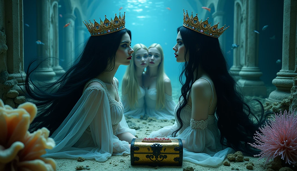 A full-body shot,(extra wide angle 16:9 a big ballroom) portrait. 2, super realistic 18 y.o. gorgeous European vampire twin queens, Hyper-realistic blue sharp eyes, black long hair with black crowns, wearing necklaces and earrings 1:1 and 3 gorgeous queens girlfriends with light blonde long hair, wearing on head gold crowns with pink crystals. In a dark deep sea (big medieval ballroom very old realistic 1:3 in an old gothic palace), under the sea. Floating. Night scene. Ripped many layered silk and lace medieval dresses floating. Frayed apart floating lace dresses. Gold garnish. The queens have a big light-colored very finely detailed eyes, black super-long hair. Their exquisite girlfriend queens with big bright blue finely detailed eyes 1:!. have an extra long flowing hair, gold crown. Pale pink and black beautiful lace dresses. Dresses in many layered lace and chiffon riven and flowing (Best perfect hands, five fingers on each hand.) Small breasts cleavage, (hyper realistic perfect eyes 1:3). Face with Pale perfect detailed skin. Hyper detailed skin on body. Queens surrounded by Perished under-water gothic palace 1:1 On the bottom of the sea are golden crowns 1:1, adorned with pink crystals 1:1. Bright colored blue, pink, orange, green fishes swimming around. Pink Corals. Sea moss. Octopus. Treasure chest with gold coins and jewelry in it. The scene a beautiful queens swimming ghostly, their super long 1:1 hair flowing all around. Sad. Scared. Crystal wine glasses—one tipped over and broken on the seafloor,. (Super detailed faces)1:1. Super detailed eyes)1:1. In a fantastic scene that uses 3D Surreal 3D model. Best eyes 1:1 The entire setup is masterpiece 1:3 framed with the grandeur of medieval gothic style. photographed in a Canon EOS R5, 50mm Lens, F/2.8, (8K)"