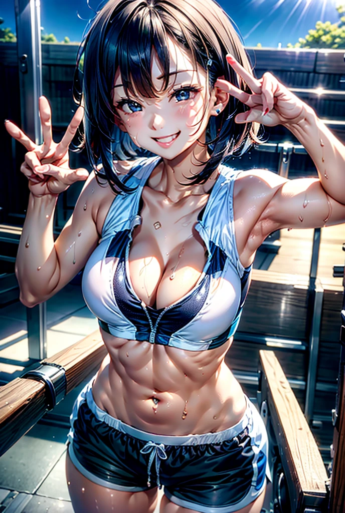 Medium bob、A thin sports bra and shorts、Make a peace sign、Looking at me, smiling and winking、Her small breasts are visible through her sweat