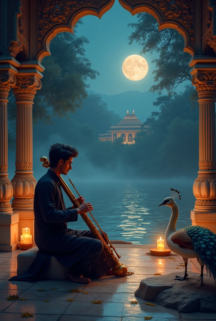 Night background with moon
Hindustani hall
Inside hall a young handsome men with black diamond kurta with Hindustani music instrument
Besides him lamps n Tamil cultural stuffs
Around the hall river with swans and peacock on the rock with proud or in the top of hall
Trees
A bit far n peacock n building visible more more classy romantic n make the Tamil cultural top of everything Tamil building Tamil building not guitar but Indian music instrumental peacock n swan more visible the most most beautiful image ever exist in the world