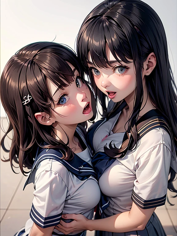 super fine illustration,masterpiece,best quality,ultra detailed,2girls,yuri,look at each other,eye contact,(sheer sailor school uniform:1.4),short sleeves,(covered nipples:1.1),breasts press against breasts,large breasts,medium hair,blush,shy,（super beatiful detailed big eyes：1.3）,(beautiful gray eyes), (from above:1.5),(looking at camera :1.5),(open mouth,orgasm;1.2)