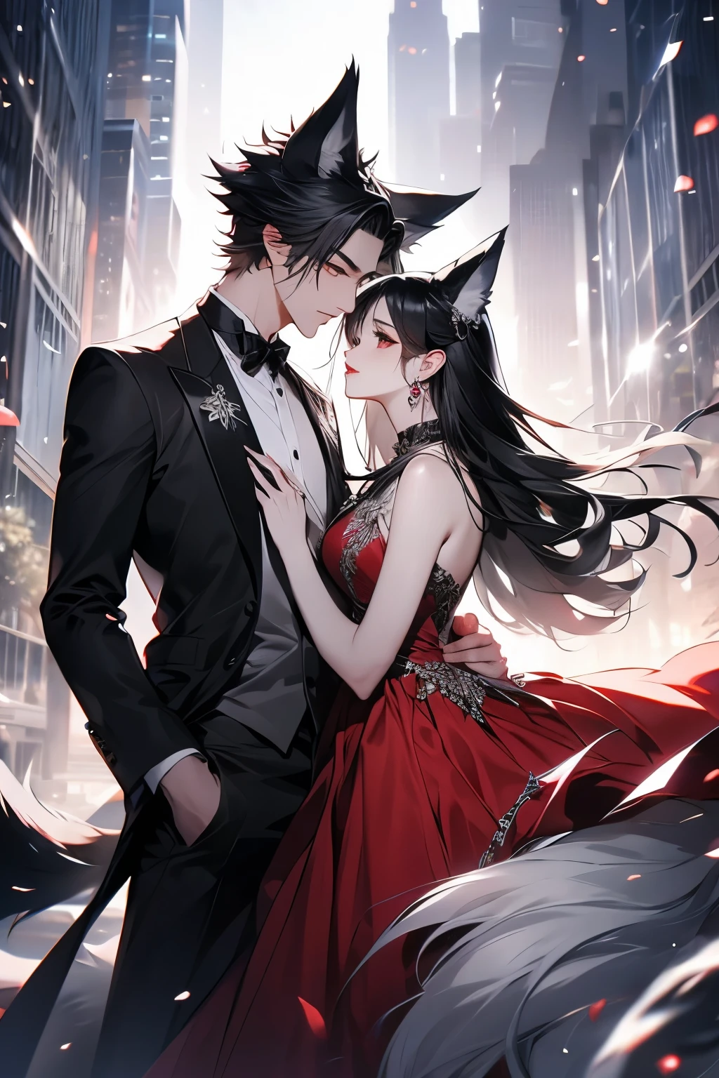 Silver black hair male，Suit，Wolf ears，Beautiful woman in a red dress，black hair，There is black and white hair on the skirt，Wolf ears，charm，30 years old