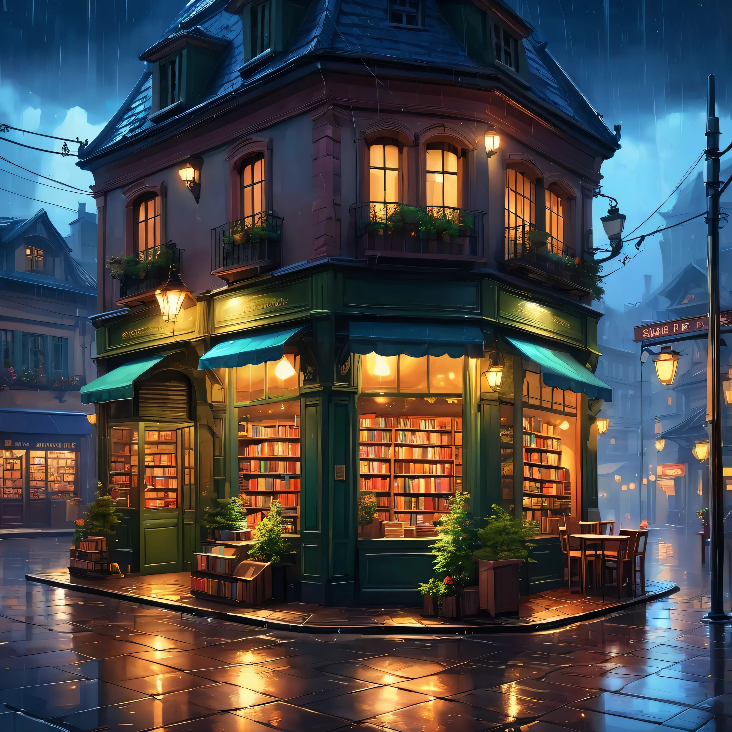 (masterpiece:1.4), (best quality:1.4), (High resolution:1.4), (masterpiece, best quality, High resolution:1.4), (((book shop store))) on the roadmidnight, softy warm night, heavy rainy night,  stylized urban fantasy art, cafe, anime background art, urban concept art