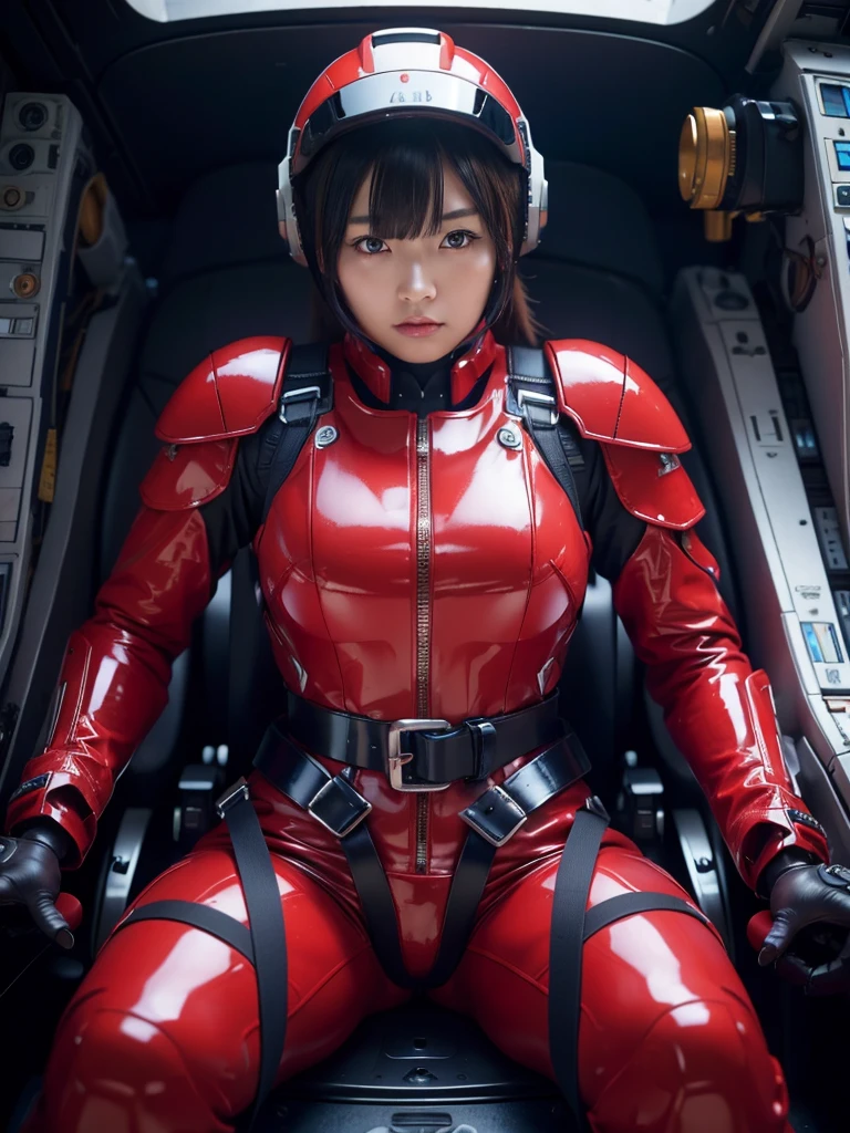 masterpiece, Highest quality, Very detailed, Japanese Android girl, Beautiful 2 Japanese woman, Plump,Slightly thicker,Control panel,Android,cyborg,Blunt bangs,Sitting in the cockpit,Red robot suit,Harness Belt,Helmet