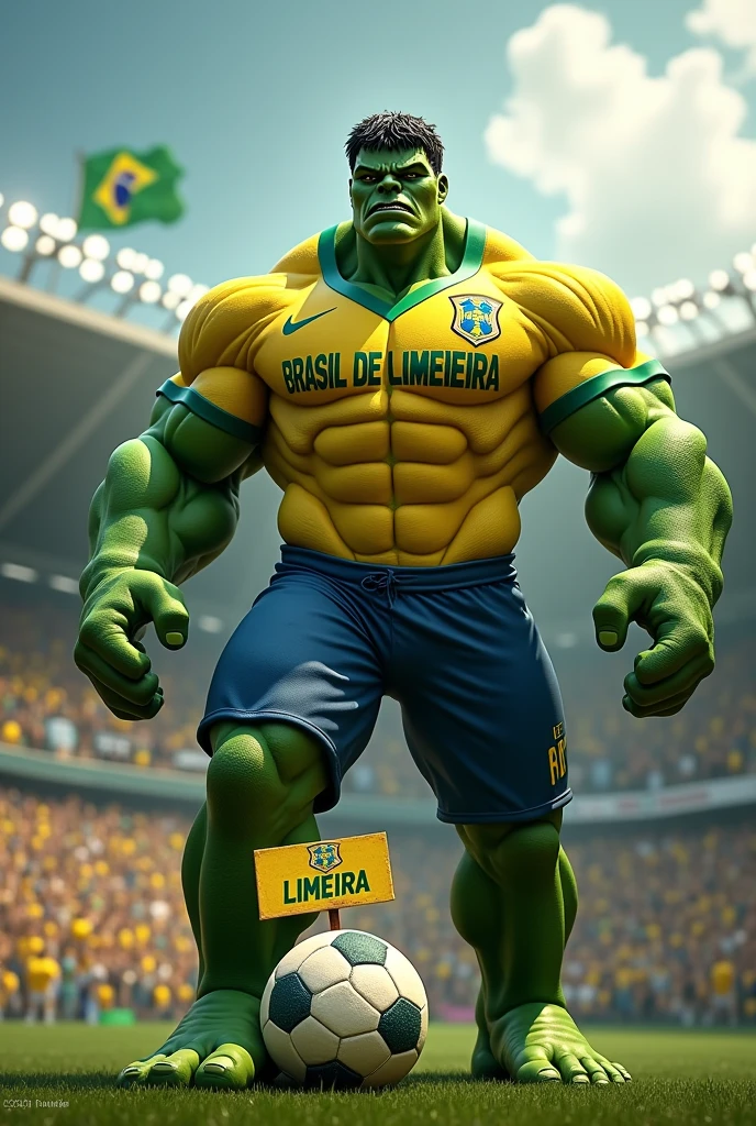 Hulk in a football stadium with the Brazilian team shirt written BRASIL DE LIMEIRA holding a sign in his hand and the Brazilian flag written TODAY HAS BRASIL DE LIMEIRA and stepping on a ball