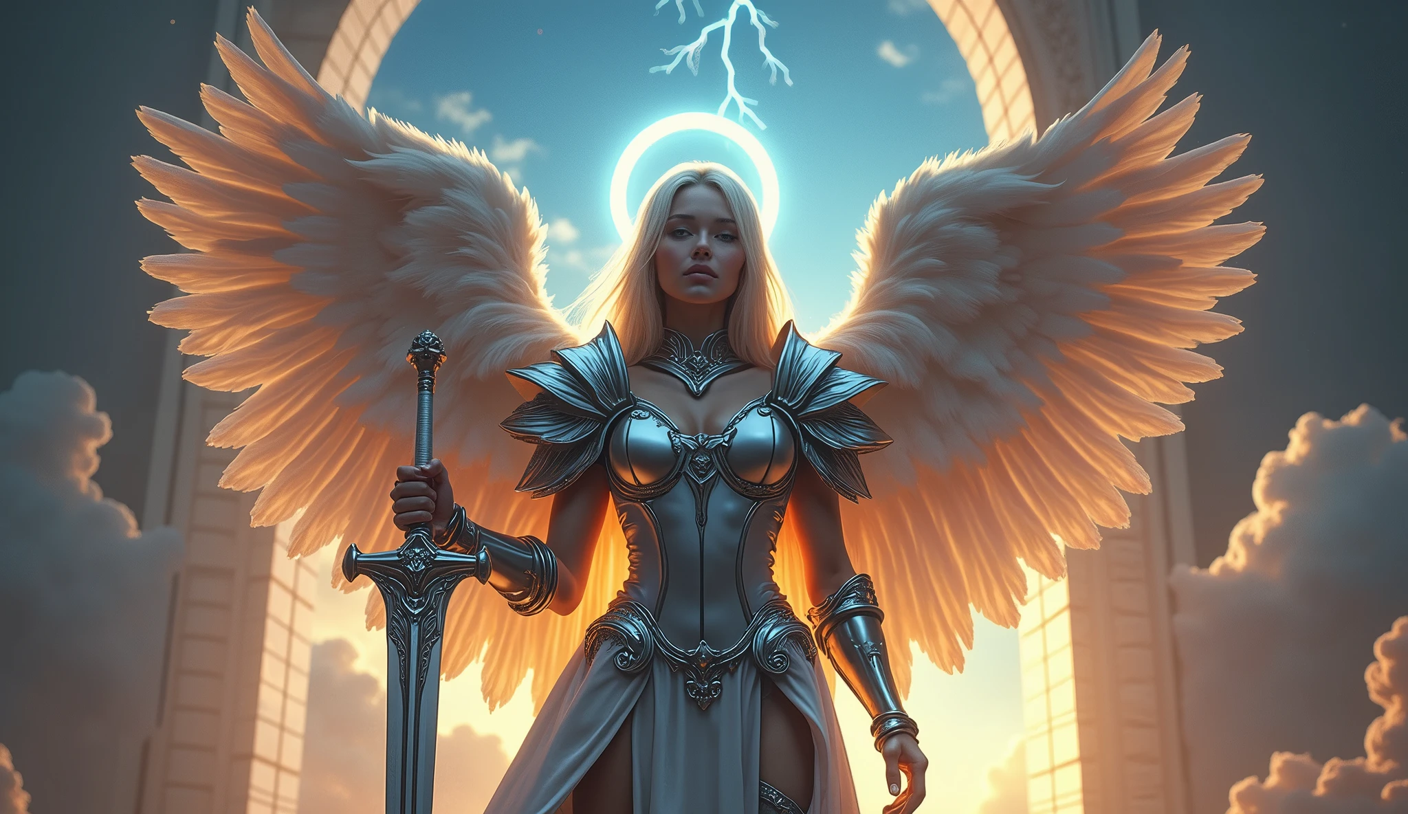 In this masterpiece, a stunning (sexy angelic warrior) stands in the center of the frame, radiating an aura of mystique and beauty. The ultra-detailed 4K image presents her in front of the great (gates of heaven) amidst (pearlescent white clouds), surrounded by a magnificent starry sky. Volumetric lighting casts a warm glow on her porcelain skin, accentuating the intricate details of her (sexy celestial armor). Her straight blonde hair is gorgeous, framing her charming smile and captivating cleavage. The mesmerizing atmosphere is punctuated by (red thunderstorms and lightning) in the (surreal Dark sky), as if the heavens themselves are summoning her presence. The composition masterfully balances depth and complexity, drawing the viewer's eye to the perfect body, with its impeccable anatomy and tantalizing pose. (Charming smile), (Beautiful big tits), (Blue halo above the head), (Sexy silver armor:1.3), She has (2 big wings:1.5) on her upper back. (2 big white wings:1.3). (2 big symmetrical wings:1.3). (Photorealistic), (dark theme). (Russian girl), (silver pike). (Beautiful navel:1.3). (Great sword of light:1.3)